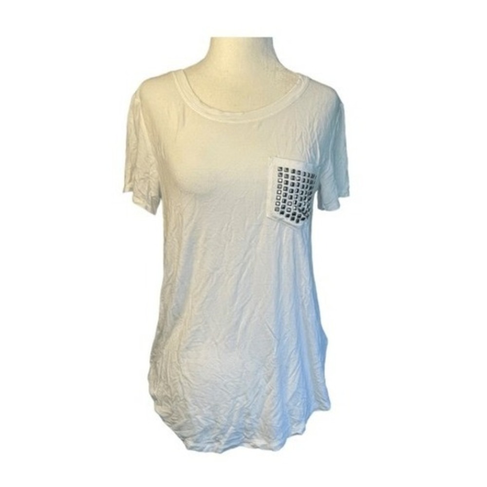 DKNY Studded Pocket Tee White Silver Rayon Knit‎ Scoop Neck Short Sleeves S